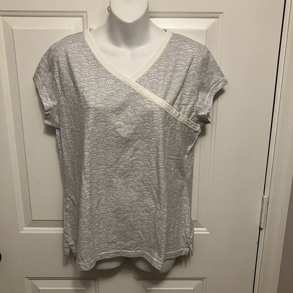 Garnet Hill Womens Small Organic Cotton Cap Short Sleeve V-neck Shirt Gray White